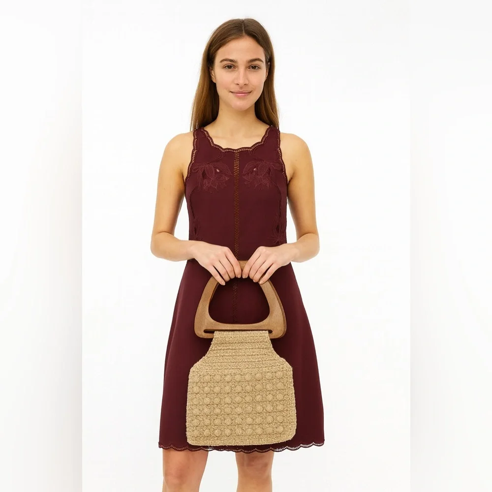 Neutral Beige Crochet Bag with Wood Handles & Balls Boho Cottagecore